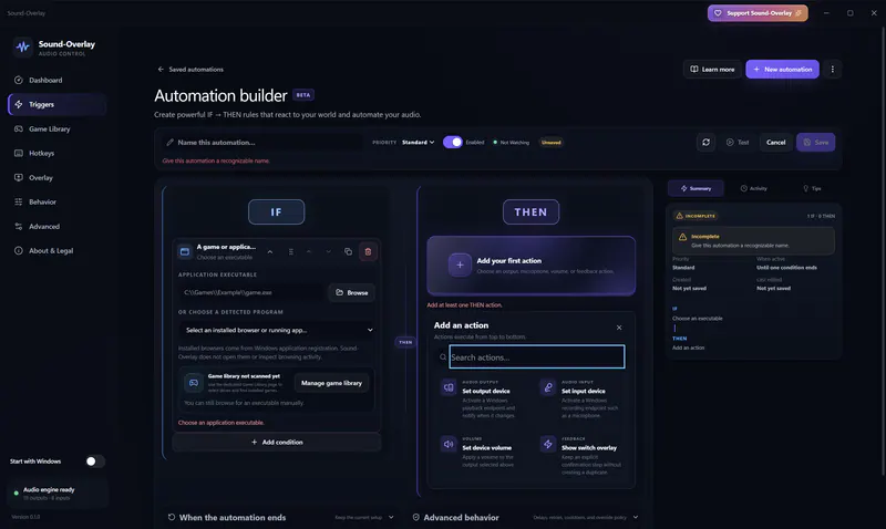 Sound-Overlay automation builder showing an application trigger and available audio actions.