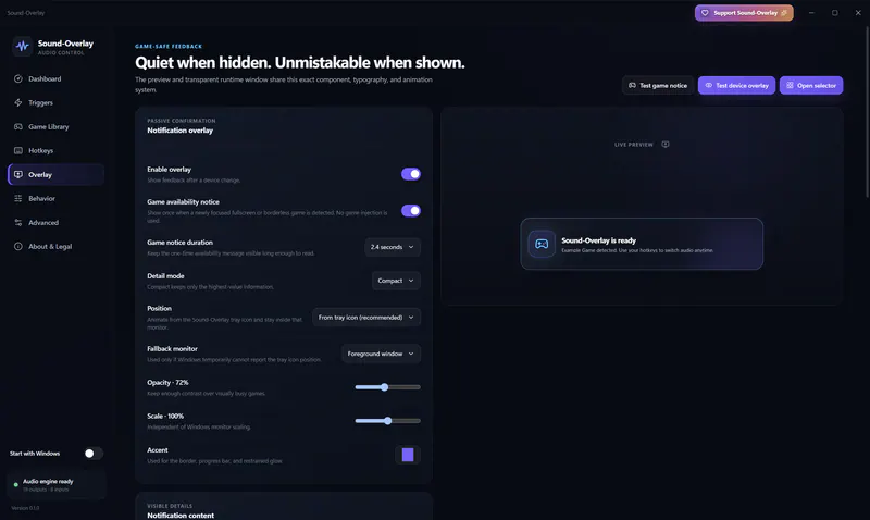 Sound-Overlay notification overlay settings with a large live preview.