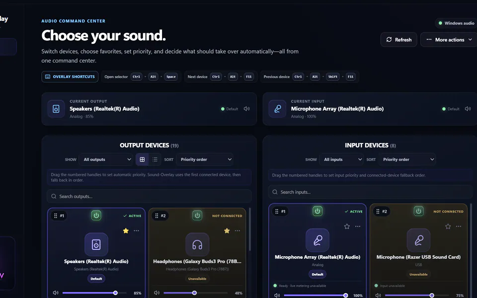 Sound-Overlay dashboard focused on current audio devices, device priority, volume, and system status.
